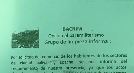 Las Bacrim anuncia “limpieza social” en Ciudad Bolívar y Soacha