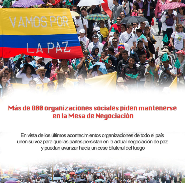Llamado de 870 organizaciones a proseguir las conversaciones de paz