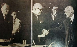 Foto: Revista Credencial Historia, edición 201/ Los expresidentes Alfonso López Pumarejo y Laureano Gómez, estrechan sus manos después de dos décadas de enconada enemistad política.