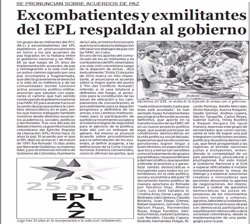 Militantes del antiguo EPL saludan acuerdo de cese al fuego