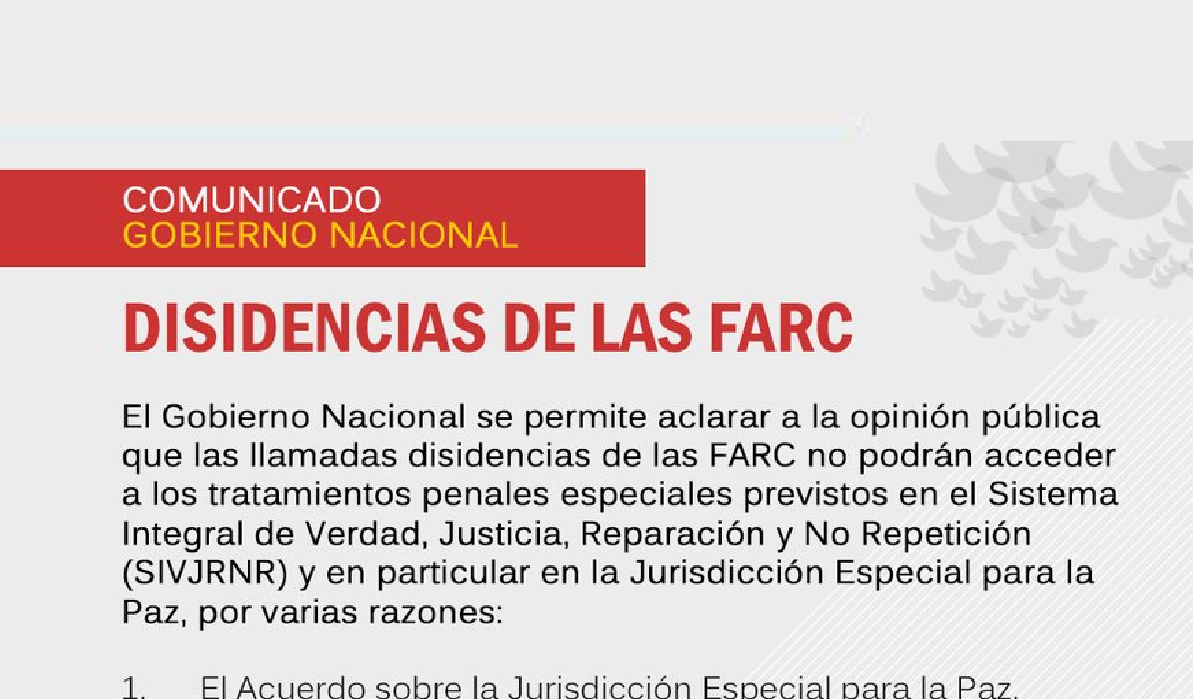 Sin tratamiento especial en tema judicial para llamadas disidencias de las Farc