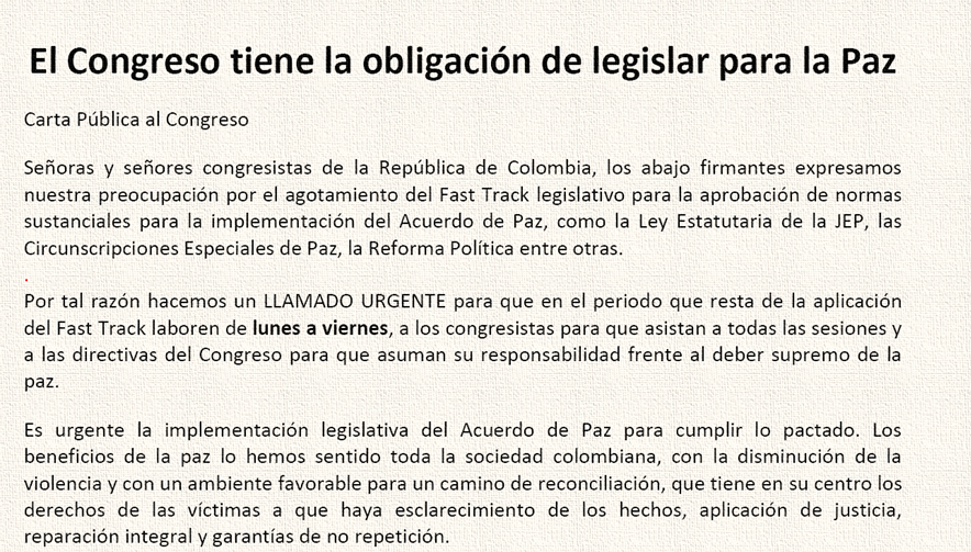 Carta de sociedad civil pide al Congreso “legislar para la paz”